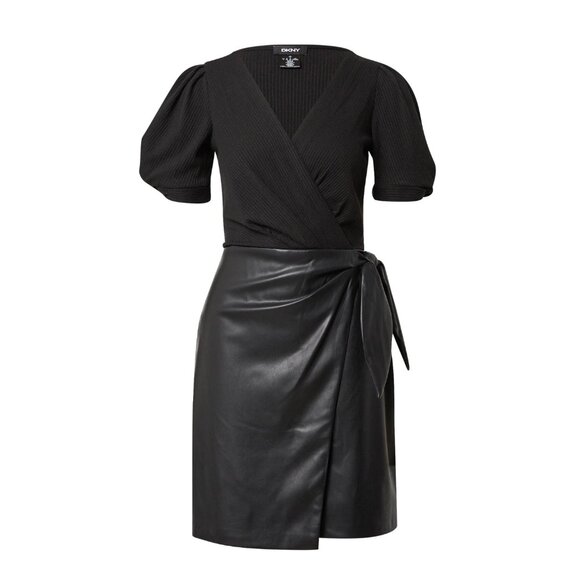 DKNY Faux PU Leather Short Puff Sleeves Mock Wrap Mini Dress US 2 - Picture 1 of 13